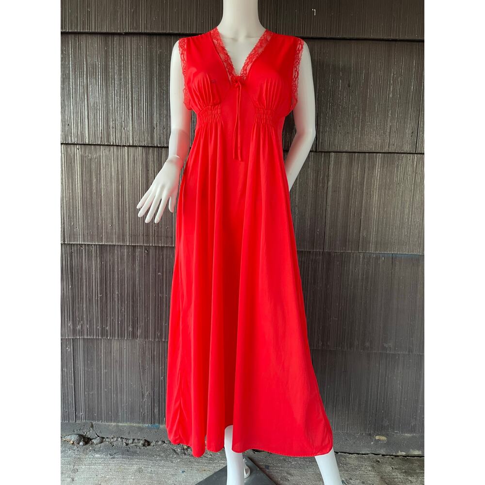 🔥VTG Made In California Red Orange Sleeveless Nylon Prairie Long Maxi Nightgown